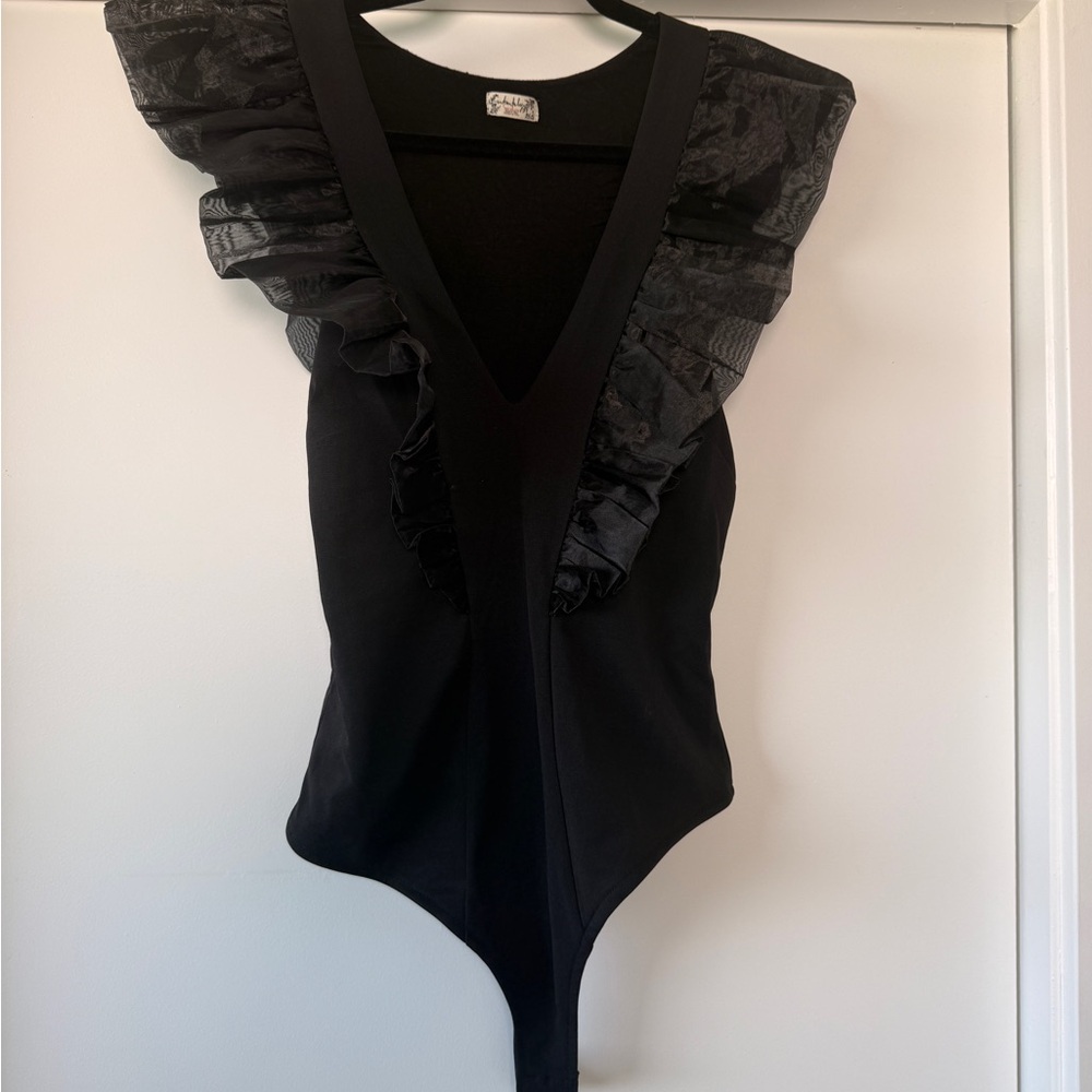 Free People Black Satin-Trimmed Bodysuit